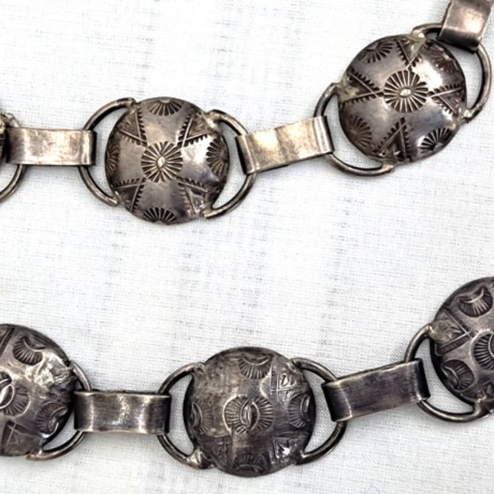 VINTAGE ~ AUTHENTIC CONCHO BELT ~ TEPEES & SUNBURSTS ~ 44.5" ~ OLD PAWN SILVER